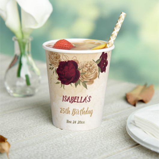 Gobelets En Papier Vert bordeaux beige or botanique  (Insitu)