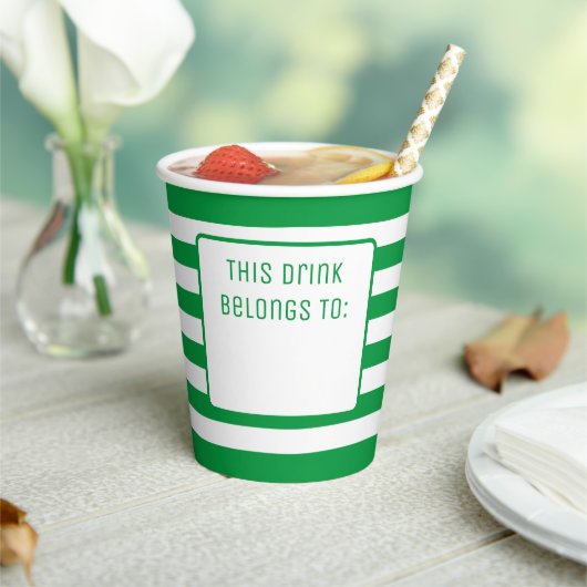 Gobelets En Papier Vert et blanc rayé "Cette boisson appartient à" (Insitu)
