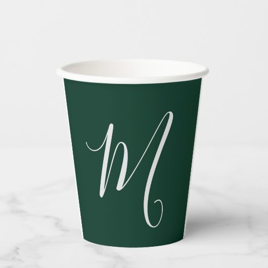 Gobelets En Papier Vert foncé Plain Élégant Moderne Monogramme de son (Recto)
