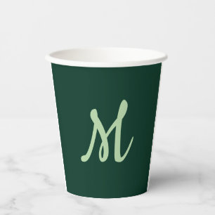 Gobelets En Papier Vert foncé uni élégant moderne monogramme propre n