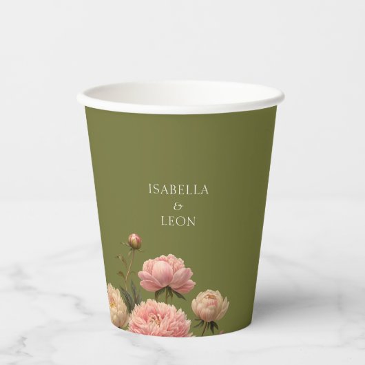 Gobelets En Papier Vert olive et Mariage Rose (Recto)