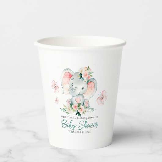 Gobelets En Papier Vert rose mignon Baby shower de cadre d'éléphant F (Recto)