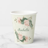 Gobelets En Papier vert sauge floral rose blush  (Recto)