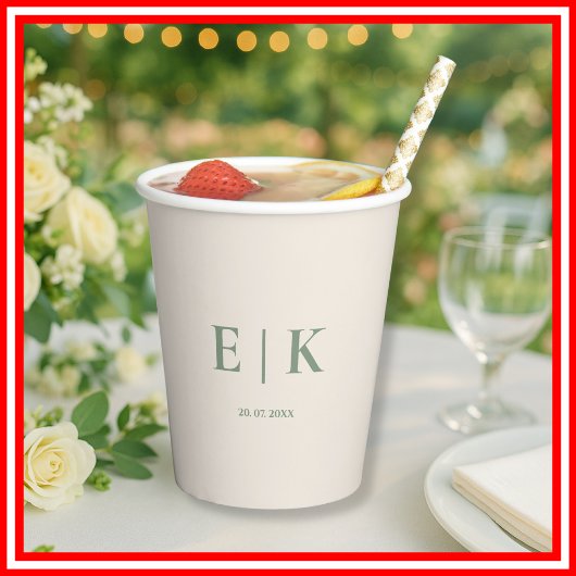 Gobelets En Papier Vert Sauge Monogram | Mariage