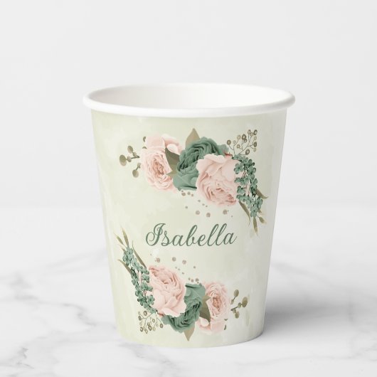 Gobelets En Papier vert sauge rose fleuri (Verso)