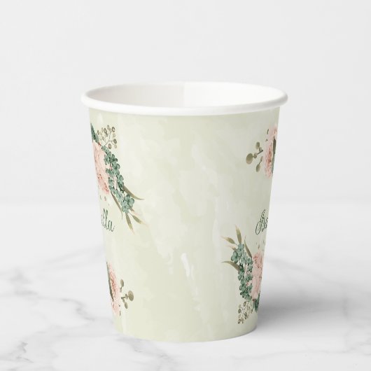 Gobelets En Papier vert sauge rose floral (Gauche)