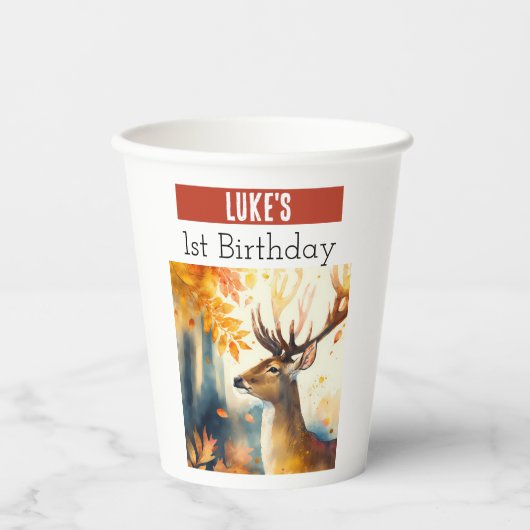 Gobelets En Papier Vibes d'automne Cerf - 1er anniversaire - (Recto)