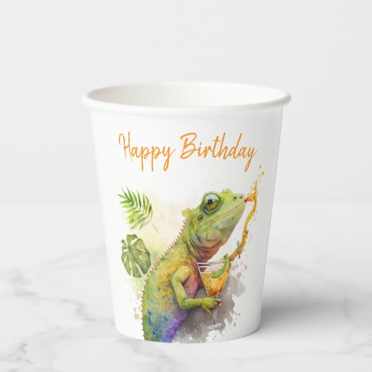 Gobelets En Papier Vibes d'été Aquarelle Chameleon - Joyeux anniversa (Verso)