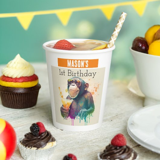 Gobelets En Papier Vibes d'été Singe - 1er anniversaire -