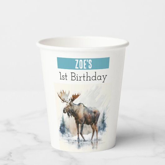 Gobelets En Papier Vibes d'hiver Moose - 1er anniversaire - (Verso)