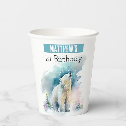 Gobelets En Papier Vibes d'hiver Ours polaire - 1er anniversaire - (Verso)
