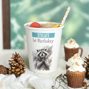 Gobelets En Papier Vibes d'hiver Raccoon - 1er anniversaire -