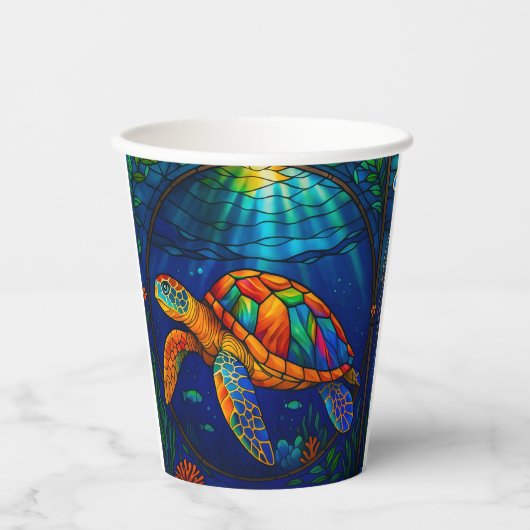Gobelets En Papier Vibrant Stained Glass Sea Turtle Ocean Design (Recto)