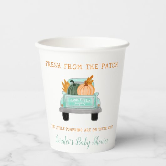 Gobelets En Papier Vieux Camion Avec Deux Citrouilles Automne Jumeaux (Recto)