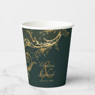 Gobelets En Papier Vintage Emerald Green Gold Floral Mariage damassé