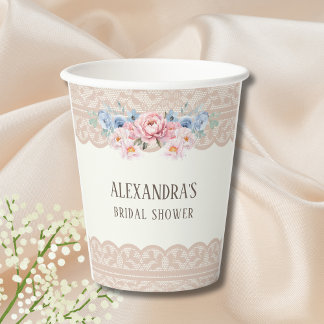 Gobelets En Papier Vintage Fleurs de Dentelle en Ivoire Bleu pour Réc