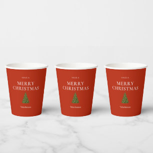 Gobelets En Papier Vœu de Joyeux Noël avec arbre sur fond rouge perso