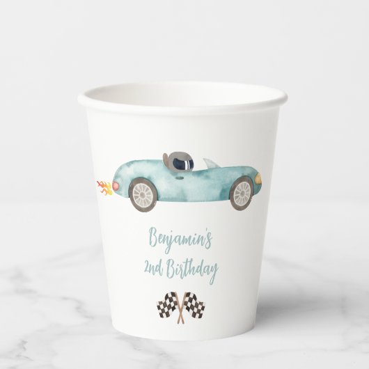 Gobelets En Papier Voiture de course bleue moderne Anniversaire (Recto)