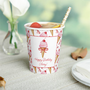 Gobelets En Papier Watercolor Bow Pink Ice Cree Cone Party