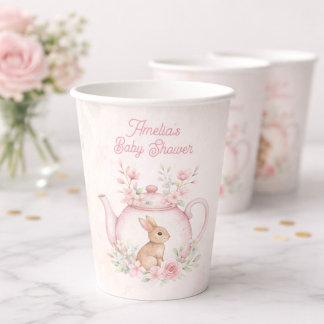 Gobelets En Papier Watercolor Bunny Rabbit Tea Pot Floral Baby Shower