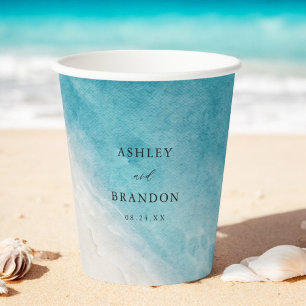 Gobelets En Papier Watercolor Ocean Summer Blue Beach Wedding