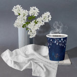 Gobelets En Papier Watercolor Snowdrops Wedding Navy/Copper ID726<br><div class="desc">A delicate floral border of tiny white buds on copper-colored branches with a beautiful watercolor background in shades of navy blue and elegant 'Thank You' calligraphy in a copper foil-effect. This pretty wedding paper cup is perfect for a winter or early spring wedding when snowdrops bloom. Add your own names...</div>