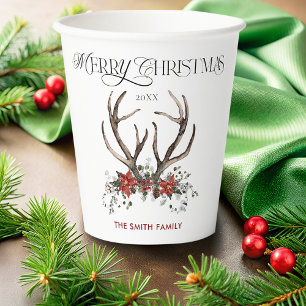 Gobelets En Papier Watercolor Stag Joyeux Noël Botanique