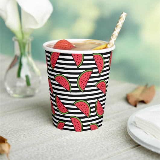 Gobelets En Papier Watermelon sur Motif Black & White Stripes (Insitu)
