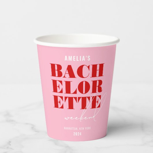 Gobelets En Papier Week-end de Bachelorette rose et rouge gras (Verso)