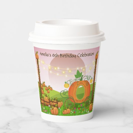 Gobelets En Papier Whimsical Rose Pink Sky Citrouille Carriage Annive (Verso)