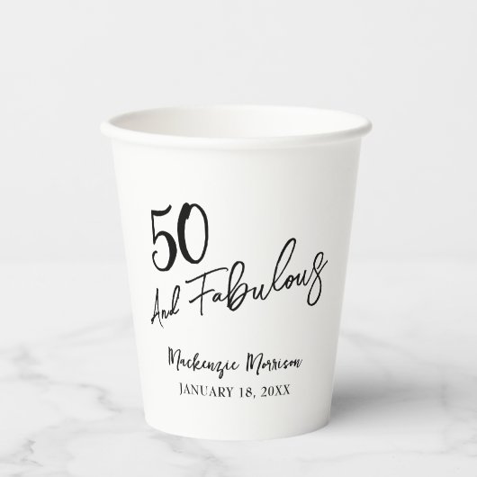Gobelets En Papier White Fifty and Fabulous Script Birthday Party (Recto)