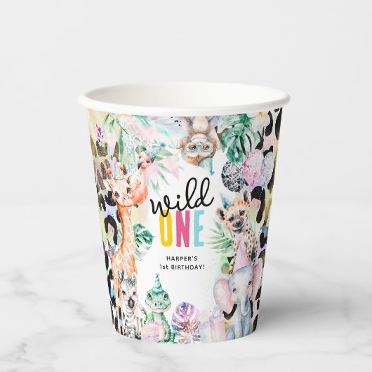 Gobelets En Papier Wild ONE' Safari Animaux Cool 1er anniversaire (Recto)