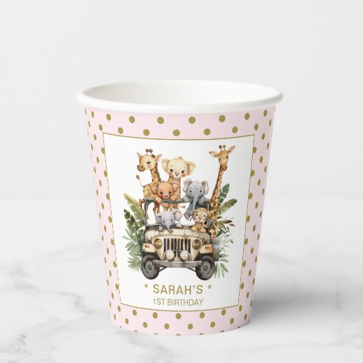 Gobelets En Papier Wild One Safari Jungle 1er Anniversaire rose (Recto)