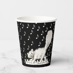 Gobelets En Papier Winking Happy White Cat Walking on Piano Notes