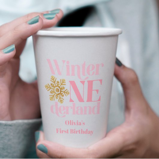 Gobelets En Papier Winter Onederland Pink Gold Snowflake 1er annivers