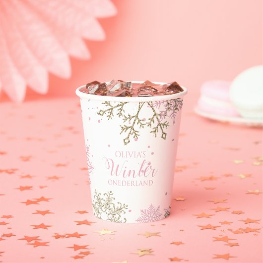 Gobelets En Papier Winter Onederland premier anniversaire or rose (Insitu)
