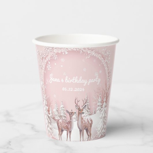 Gobelets En Papier Winter Wonderland Anniversaire | Rose et cerf (Recto)
