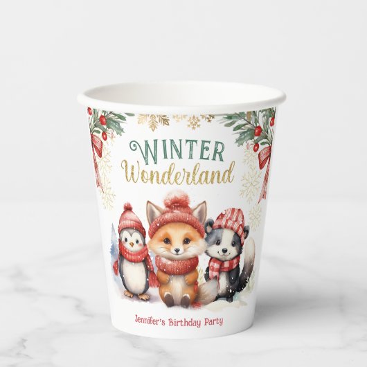Gobelets En Papier Winter Wonderland Mignonne Neige Animaux Anniversa (Recto)