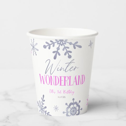 Gobelets En Papier Winter Wonderland Pink Snowflake fête d'anniversai (Recto)