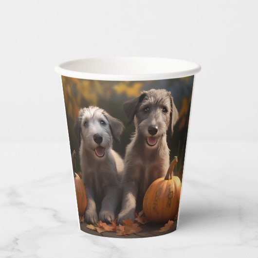 Gobelets En Papier Wolfhound Chiot Automne Citrouille de plaisir (Recto)