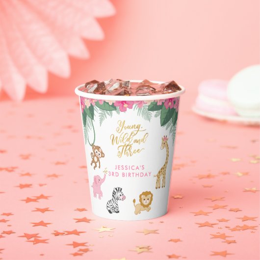 Gobelets En Papier Young Wild and Three - Pink Safari Girl's 3rd (Insitu)