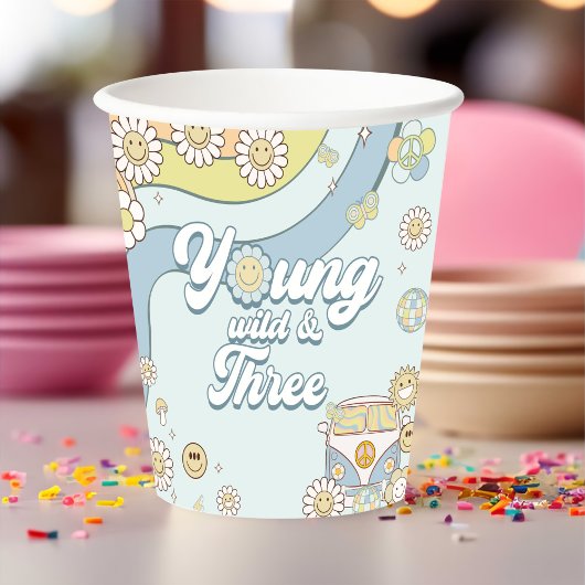 Gobelets En Papier Young Wild Three Retro Rainbow 3e anniversaire