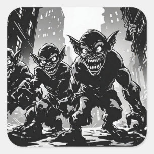Goblin Demonen Verlaten Stad BW Retro Comic Stijl  Vierkante Sticker