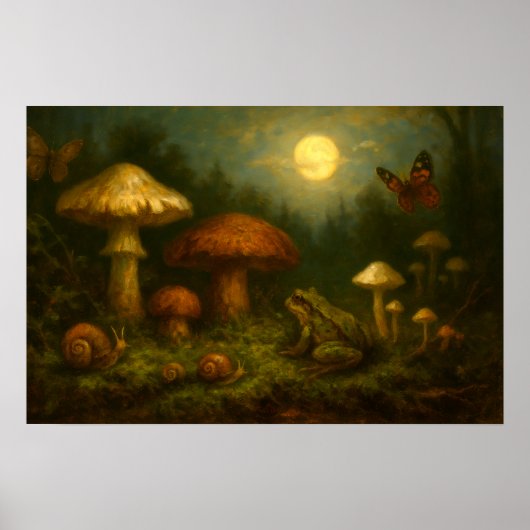 Goblincore Mushrooms, Snails & Frog In Moonlight Poster (Voorkant)