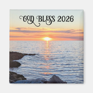 God Bless 2026 New Year Golden Sunset Photo Magneet