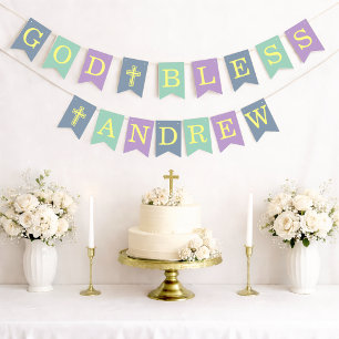 God Bless 6 Letters Blauw Groen Doop Eerste Commun Vlaggetjes
