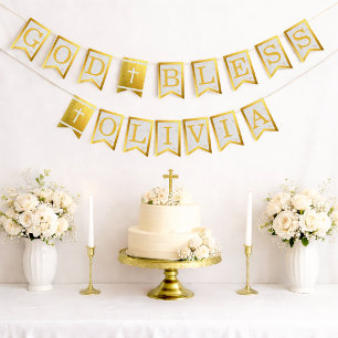 God Bless 6 Letters Goud Marmer Doop Eerste Commun Vlaggetjes
