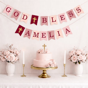 God Bless 6 Letters Meisje Roze Doop Bevestiging Vlaggetjes