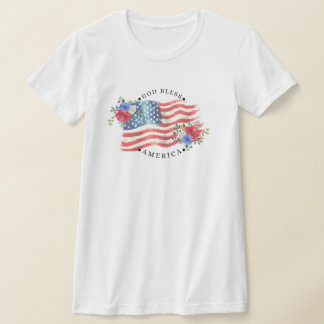 God Bless America Met Aquarel Vlag/Bloemen T-shirt