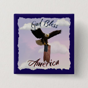 "God Bless America" Steenarend in vlucht met vlag Vierkante Button 5,1 Cm